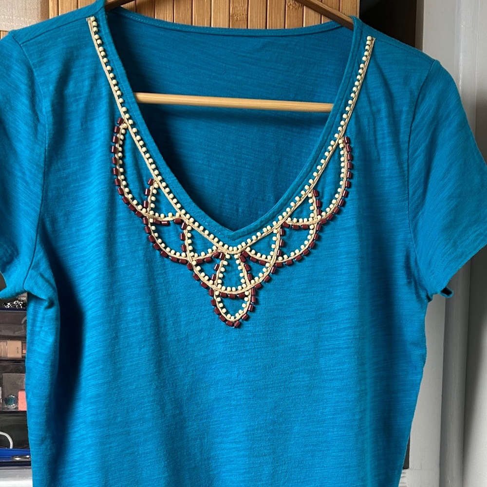 Turquoise Blue Beaded t shirt Size Medium